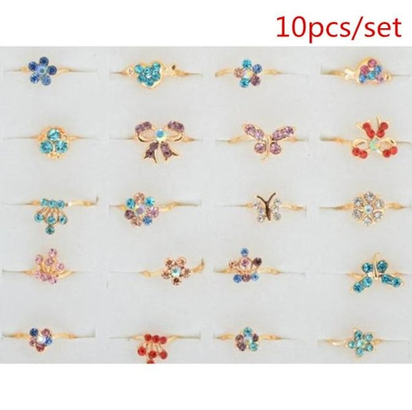 AOMU Wholesale 10pcs Cartoon Cat Flower Jewelry Lots Mixed Lovely Girls boys Princess Crystal Rhinestone Kids Children's Rings