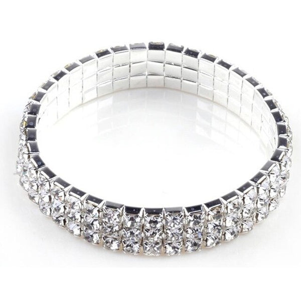 Fashion 4/5/8 Rows Full Crystal Rhinestone Elastic Bracelet Silver Golden Bangle Bling Wristband Women Wedding Bridal Jewelry