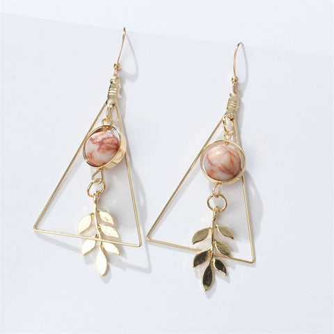 European and American Fashion Vintage Hollow Out Triangle Marble Round Beads Leaf Earrings For Woman Girls Jewelry