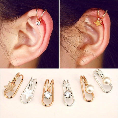 Ear Cuff U Star Moon Earring Punk Minimalist Women Silver Metal Buckle Fake Piercing Ear Clip Without Puncture Pearl Earrings