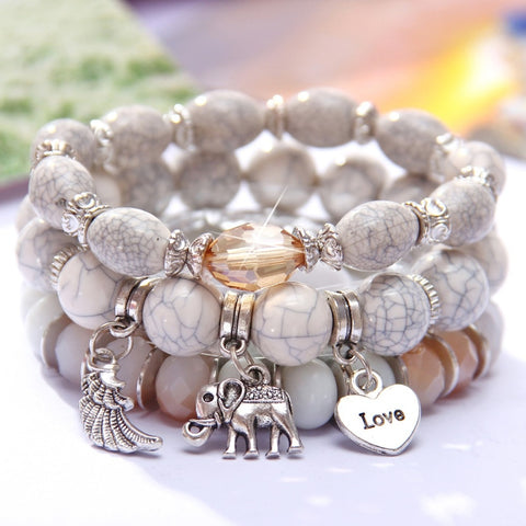 MINHIN New Design 3 Layers Beaded Charms Bracelet Silver Elephant Pendant Chain Bracelet Wedding Jewelry Retro Female Bracelet