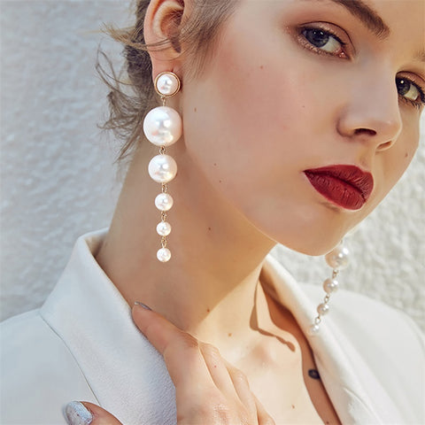 Fashion elegant pearl long earrings created large simulated pearl chain earrings for wedding party gift 2018