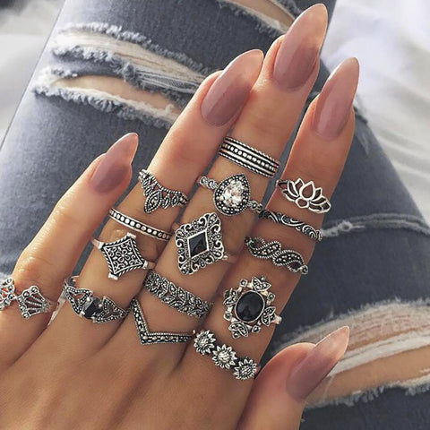 FAMSHIN 15Pcs/Set Fashion Vintage Ring Set Femme Stone Silver Midi Finger Rings Boho Women Jewelry Knuckle Ring Set Jewelry Gift