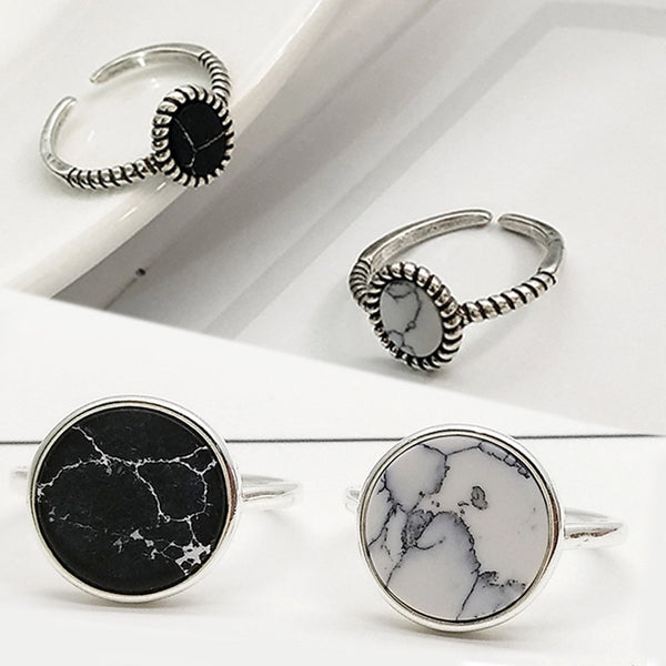 Silver Adjustable Gifts Ring Girls Party White Marbled Stone Open Seaside Round Circle Valentines Gift High Quality 1PC Black