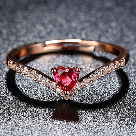 Beiver  Rose Gold Color AAA+ Pink CZ Heart Clear Crystals Cluster Adjustable Finger Ring