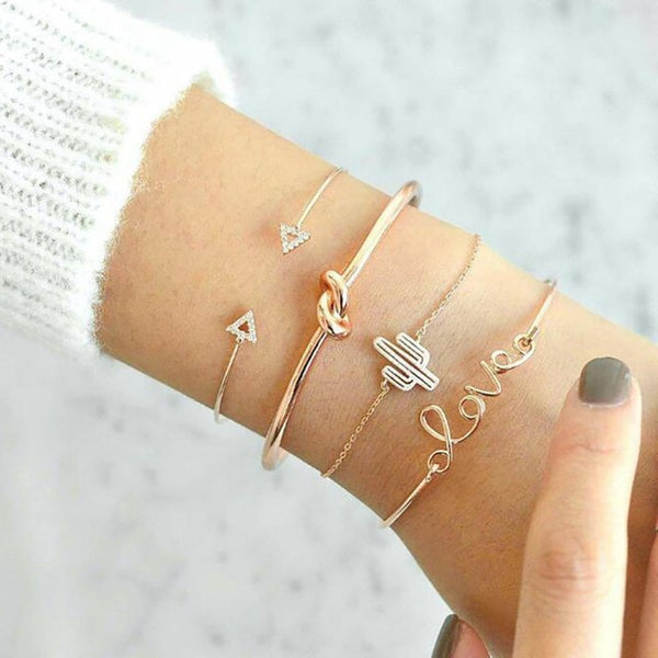 4 pcs/set Fashion Bohemia Leaf Round Knot cuff Bangle Gold Chain Charm Bracelet Bangle for Women Simple Geometric Bracelets