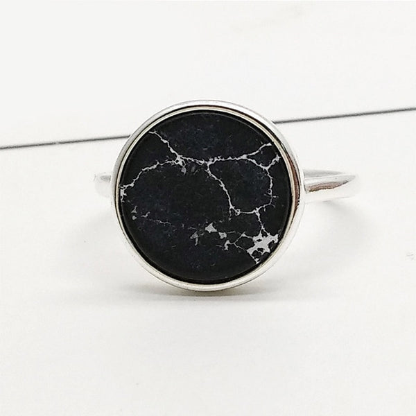 Silver Adjustable Gifts Ring Girls Party White Marbled Stone Open Seaside Round Circle Valentines Gift High Quality 1PC Black