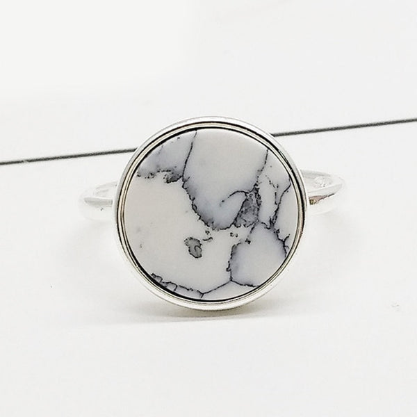 Silver Adjustable Gifts Ring Girls Party White Marbled Stone Open Seaside Round Circle Valentines Gift High Quality 1PC Black