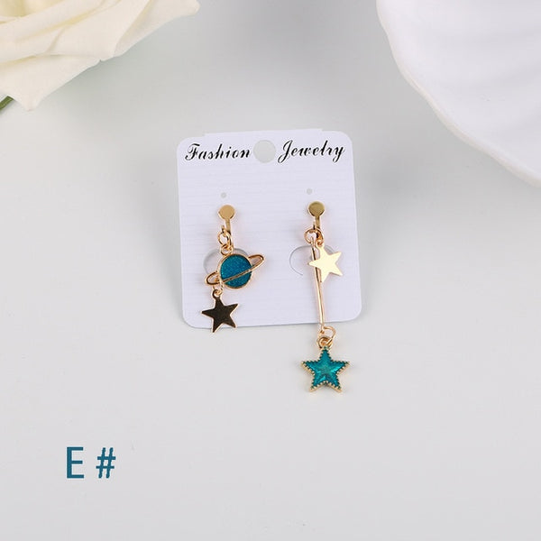 Korea Style Asymmetrical Fresh Enamel blue Star Moon Planet  Circle Clip on Earrings Non Pierced For Girl Women Party Gift