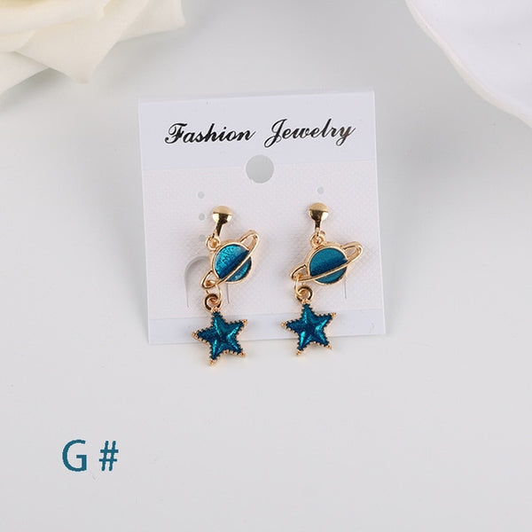 Korea Style Asymmetrical Fresh Enamel blue Star Moon Planet  Circle Clip on Earrings Non Pierced For Girl Women Party Gift