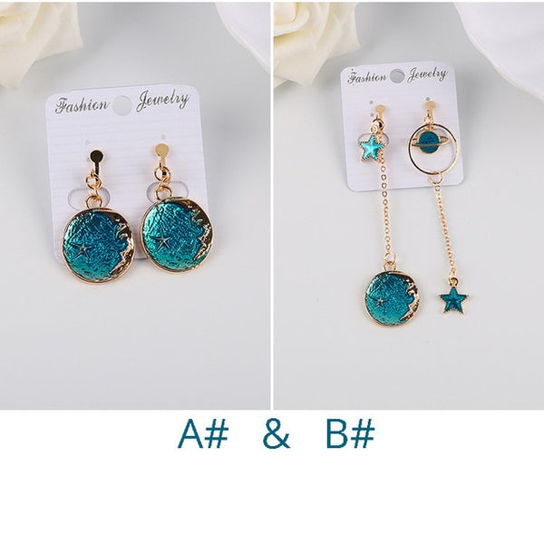 Korea Style Asymmetrical Fresh Enamel blue Star Moon Planet  Circle Clip on Earrings Non Pierced For Girl Women Party Gift