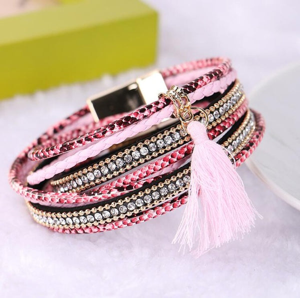 KMVEXO Summer Leather Bracelet Charm Pearls Bracelets&Bangles Magnet Buckle Life of Trees Bohemian Bracelets for Women Manchette