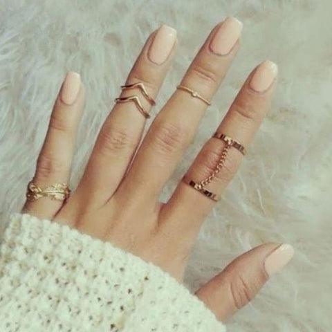 6pcs/lot Unique Leaf Crystal Ring Set Punk Style Gold Color Knuckle Rings For Women Midi Finger Knuckle Link Chain Rings Set