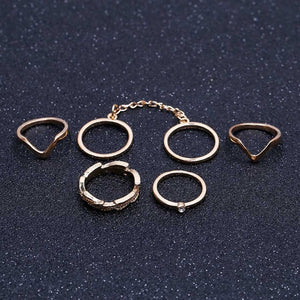 6pcs/lot Unique Leaf Crystal Ring Set Punk Style Gold Color Knuckle Rings For Women Midi Finger Knuckle Link Chain Rings Set