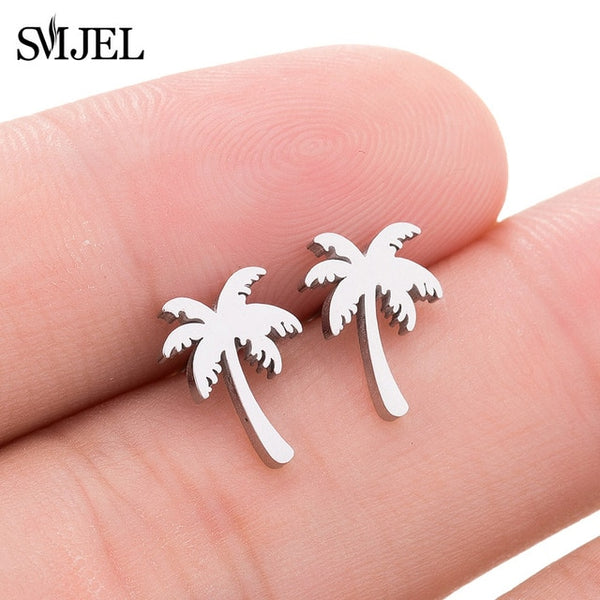 SMJEL Bohemia Mickey Earrings Women Kids Fashion Stainless Steel Leaf Pineapple Flower Stud Earings Tree Jewelry pendientes