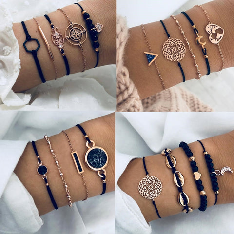 DIEZI Bohemian Black Beads Chain Bracelets Bangles For Women Fashion Heart Compass Gold Color Chain Bracelets Sets Jewelry Gifts