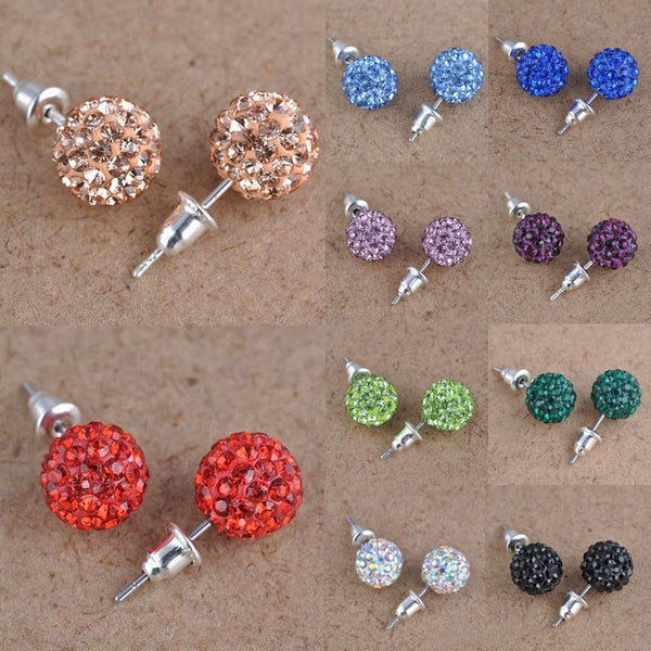 Fashion 1 Pair 10mm Women Stud Earrings Colorful Crystal Ear Piercing Rhinestones Round Ball Jewelry Korean Round Spherical