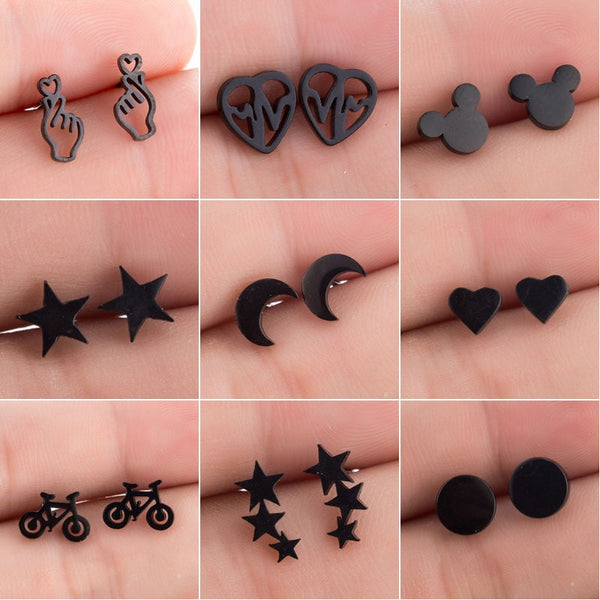 SMJEL Stainless Steel Earrings Mickey Women Men Hip hop Black Star Moon Stud Earring Fashion Jewelry Best Gift for Friend Girl