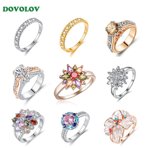 Dovolov Fashion Crystal Shiny Zircon Wedding Flower Rings For Women luxury Finger Cocktail Party Statement Rings Jewelry  D3