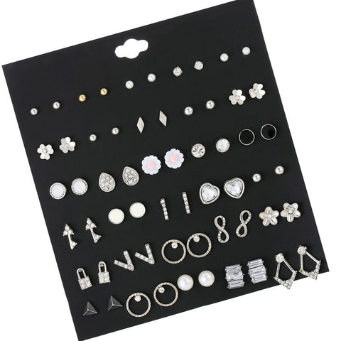 30 Pairs/set Vintage Silver Alloy Crystal Rhinestone Small Earrings For Women Cute Metal Resin Flower Stud Earrings Set  Mixed