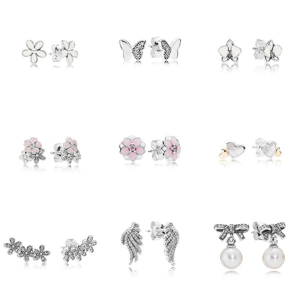 9 Style 925 Sterling Silver Earrings Flower Butterfly Heart Wings Pearl Earrings for Women Wedding Party Jewelry