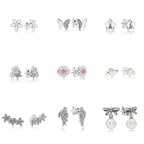 9 Style 925 Sterling Silver Earrings Flower Butterfly Heart Wings Pearl Earrings for Women Wedding Party Jewelry