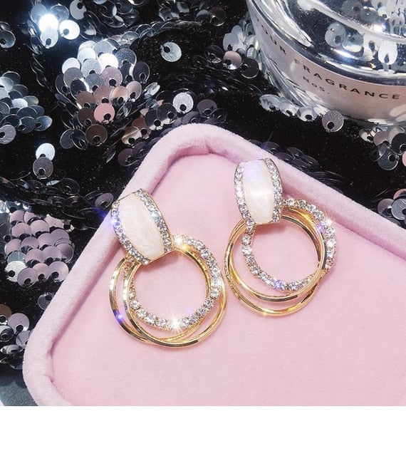 New design fashion hanging earrings geometric round shiny rhinestone earrings women's jewelry wholesale