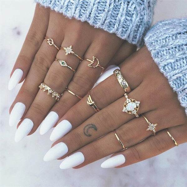 50 Styles Boho Punk Women Hollow Triangle Water Drop Arrow Sun Gem Crystal Silver Rings Set Personality Girl Jewelry Accessories