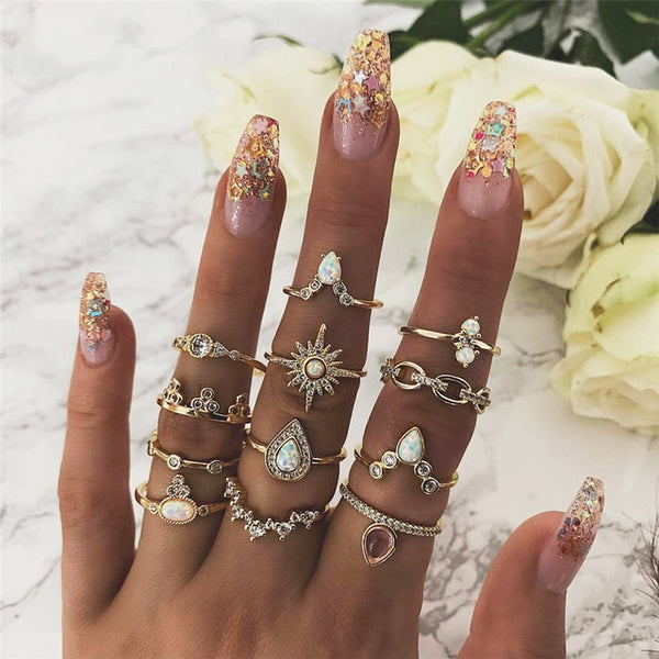 50 Styles Boho Punk Women Hollow Triangle Water Drop Arrow Sun Gem Crystal Silver Rings Set Personality Girl Jewelry Accessories