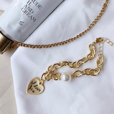 HUANZHI 2019 New Baroque Irregular Imitation Pearls Gold Metal Link Chain Bracelets for Women Girl Summer Party Jewelry